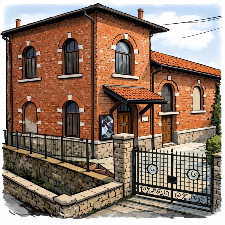 Illustrazione della Sala della Comunità Santamanzio, edificio in mattoni rossi con cancello in ferro